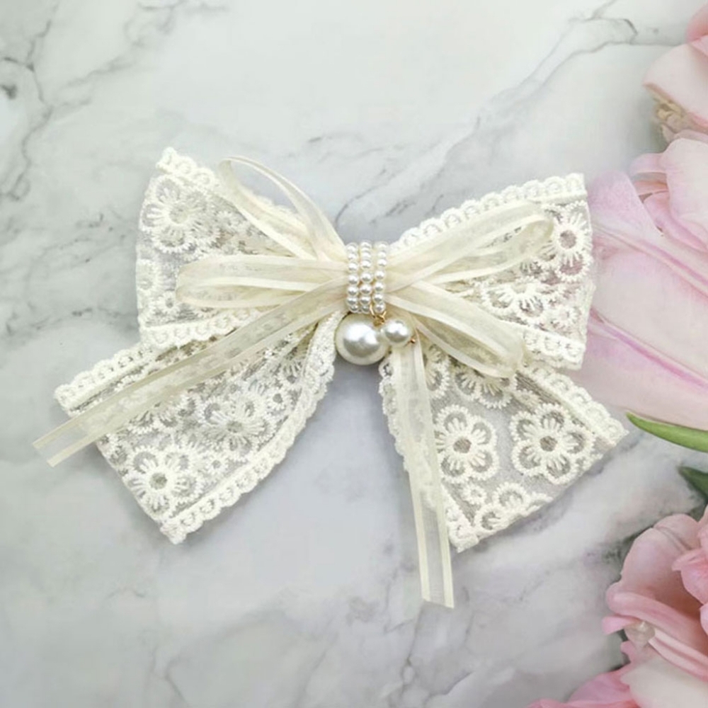 Ivory Elegant Flower Embroidered Pearl Lace Ribbon Hair Bow Clip Barrette